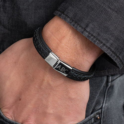 Stainless Steel And Black Leather Initials Engraved Bracelet for Men, Father's Day Bracelet - onlyone