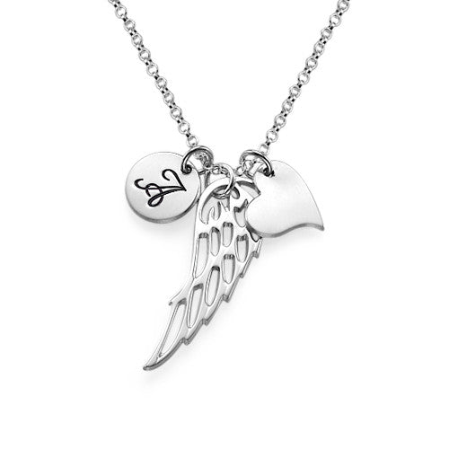 925 Sterling Silver Initial Engraved Angel Wing Necklace - onlyone