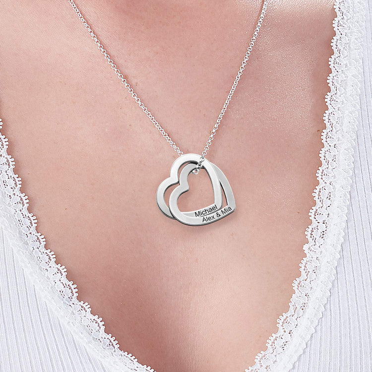 925 Sterling Silver Two Interlocking Hearts Necklace Personalized Love Jewelry For Her