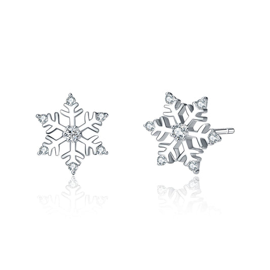 925 Sterling Silver Snowflake Stud With Cubic Zirconia Earrings Winter Gift - onlyone