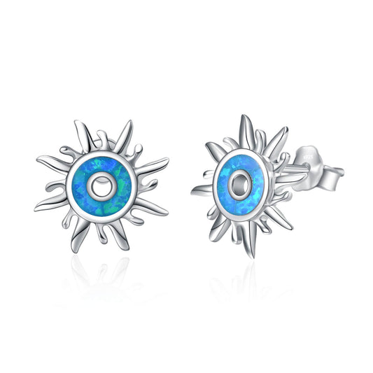 925 Sterling Silver Sun Stud Earrings Blue Created Opal Earrings For Women - onlyone