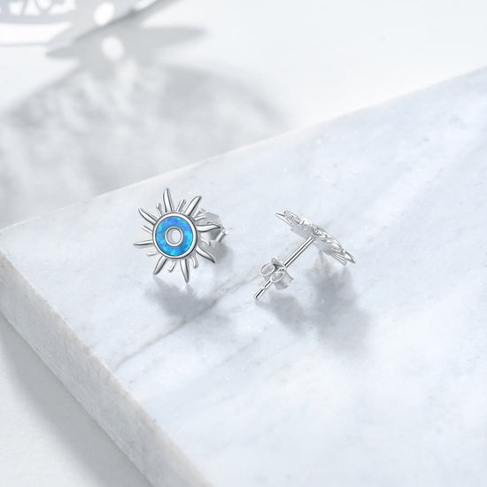 925 Sterling Silver Sun Stud Earrings Blue Created Opal Earrings For Women - onlyone