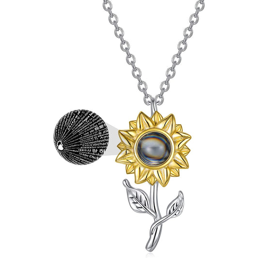 925 Sterling Silver Filigree Sunflower with 100 Languages I Love You Stone