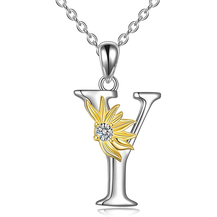 925 Sterling Silver Sunflower Initial Necklace