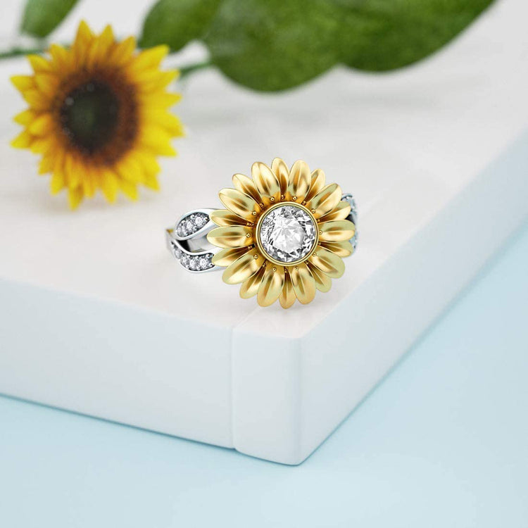 925 Sterling Silver Golden Sunflower Ring with Zircon