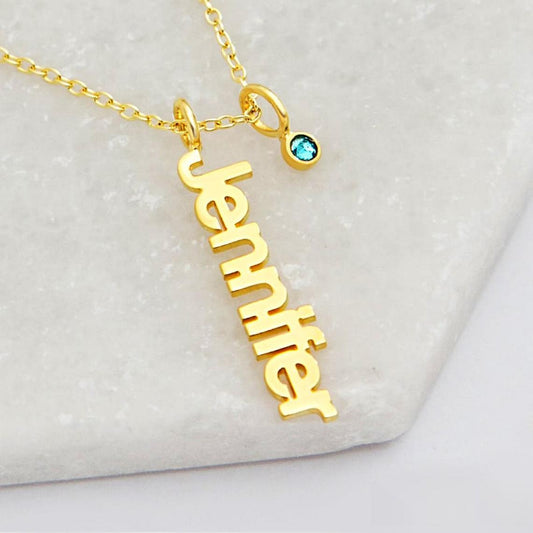 925 Sterling Silver Personalized Vertical Name Necklace with Birthstone