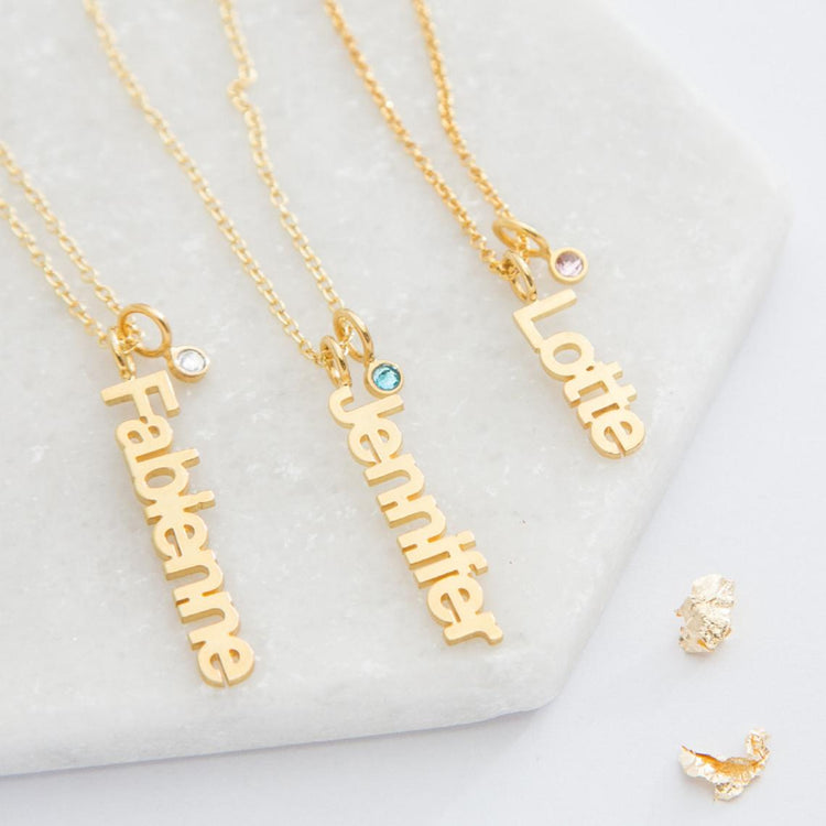 925 Sterling Silver Personalized Vertical Name Necklace with Birthstone