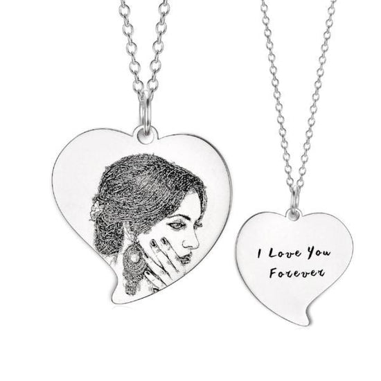 925 Sterling Silver Heart Engraved Photo Necklace, Memorial Gift - onlyone