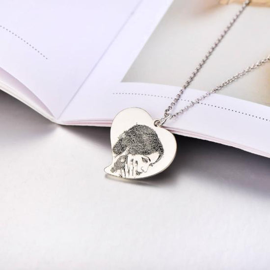 925 Sterling Silver Heart Engraved Photo Necklace, Memorial Gift - onlyone