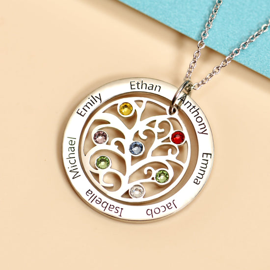 925 Sterling Silver Birthstone Family Tree Engraved Necklace Gift For Grandma - onlyone