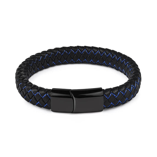 Punk Black Blue Braided Mens Leather Bracelet Stainless Steel Magnetic Clasp Bracelet, Father's Day Bracelet - onlyone
