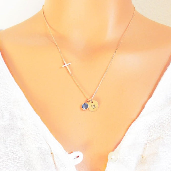 925 Sterling Silver Sideways Cross Necklace, Custom Initial Birthstone Necklace