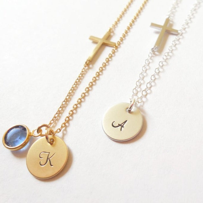 925 Sterling Silver Sideways Cross Necklace, Custom Initial Birthstone Necklace