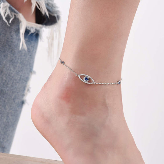 925 Sterling Silver Evil Eye Sapphire Blue Sparkling Cubic Zirconia Adjustable Anklet