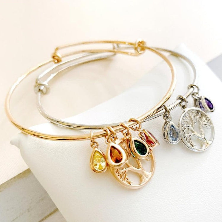 925 Sterling Silver Family Tree Bangle With Birthstone