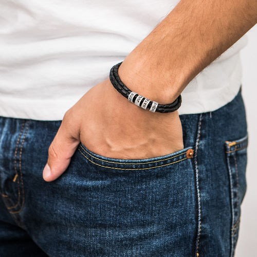 Mens Leather Bracelet with 925 Sterling Silver Custom Bead, Father's Day Bracelet - onlyone