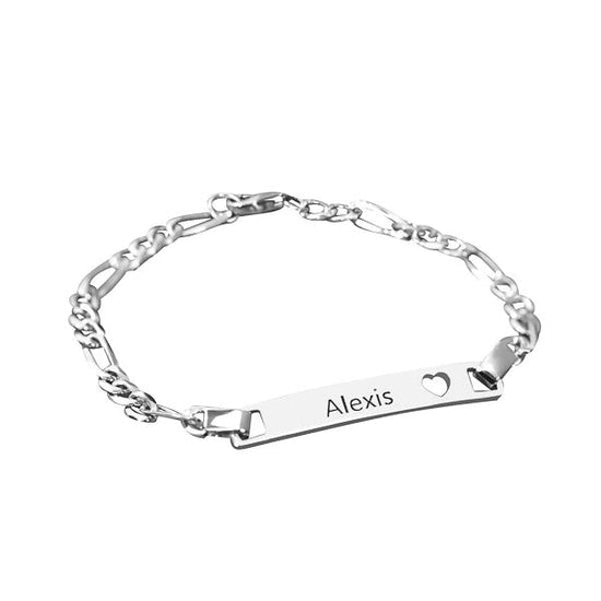 925 Sterling Silver Personalized Bar Bracelet, Figaro Link Bracelet - onlyone