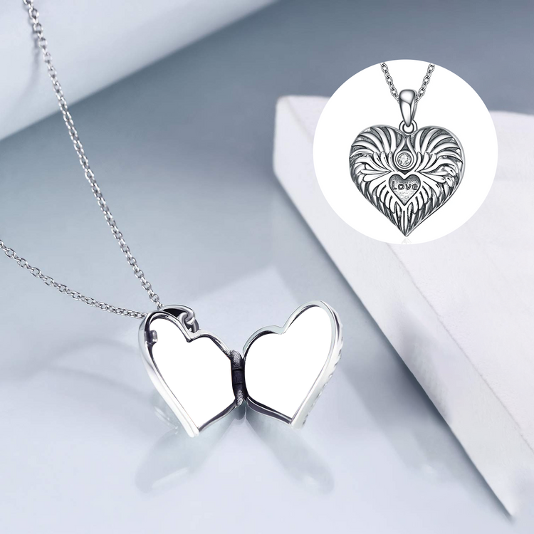 925 Sterling Silver Guardian Angel Wings Heart Locket Necklace