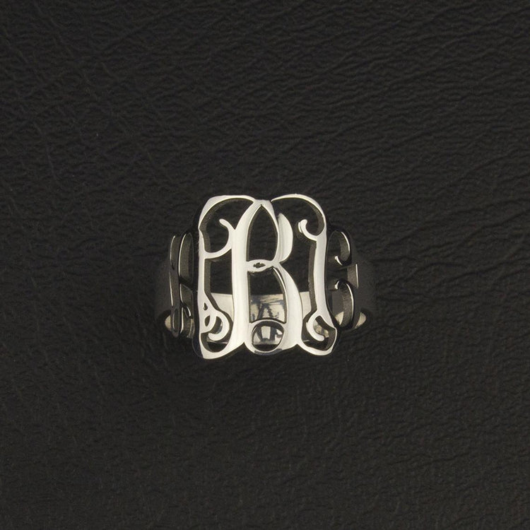 Bague monogramme épaisse de style script personnalisé en argent sterling 925