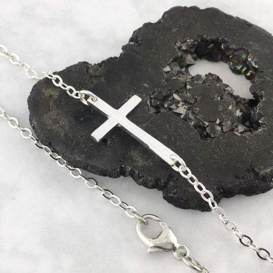 925 Sterling Silver Sideways Cross Bracelet Adjustable Cross Chain Bracelet - onlyone