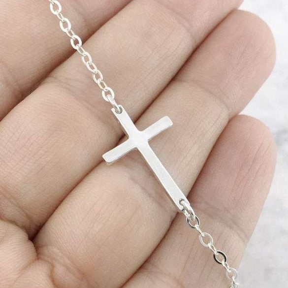 925 Sterling Silver Sideways Cross Bracelet Adjustable Cross Chain Bracelet - onlyone