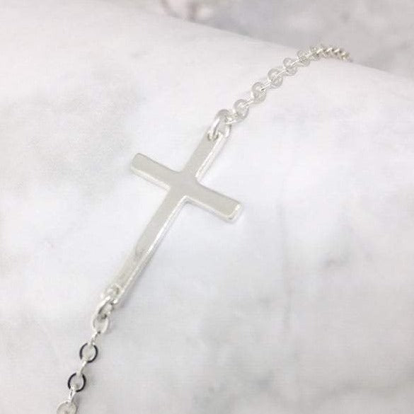 925 Sterling Silver Sideways Cross Bracelet Adjustable Cross Chain Bracelet - onlyone