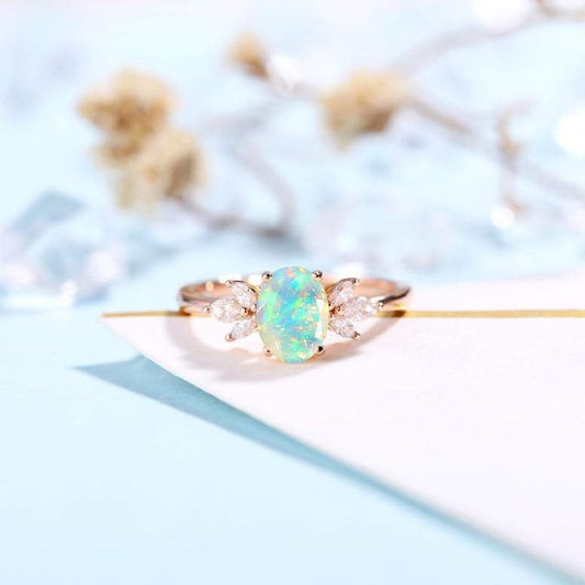 Faceted Oval cut Opal Engagement Ring Rose gold Women | Antique Moissanite Bridal Marquise Jewelry |Unique Promise Anniversary Gifts for Her - onlyone
