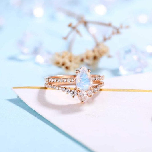 Moonstone Engagement Ring Rose Gold Women | Antique Moissanite Half Eternity Halo Bridal Set | Unique Wedding Set - onlyone