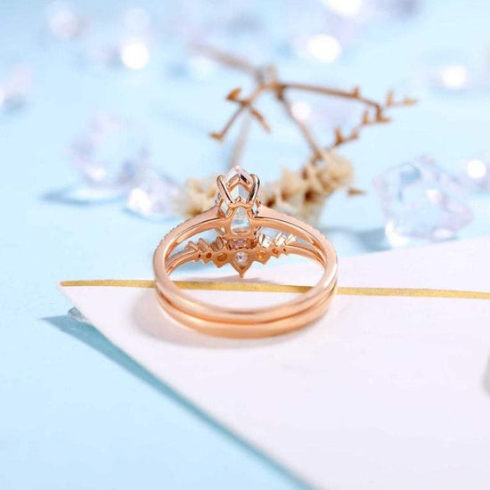 Moonstone Engagement Ring Rose Gold Women | Antique Moissanite Half Eternity Halo Bridal Set | Unique Wedding Set - onlyone