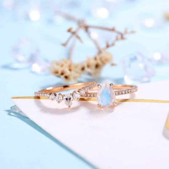 Moonstone Engagement Ring Rose Gold Women | Antique Moissanite Half Eternity Halo Bridal Set | Unique Wedding Set - onlyone