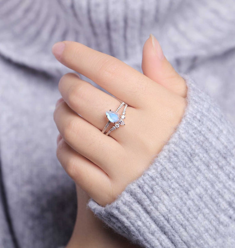 Moonstone Engagement Ring Rose Gold Women | Antique Moissanite Half Eternity Halo Bridal Set | Unique Wedding Set - onlyone