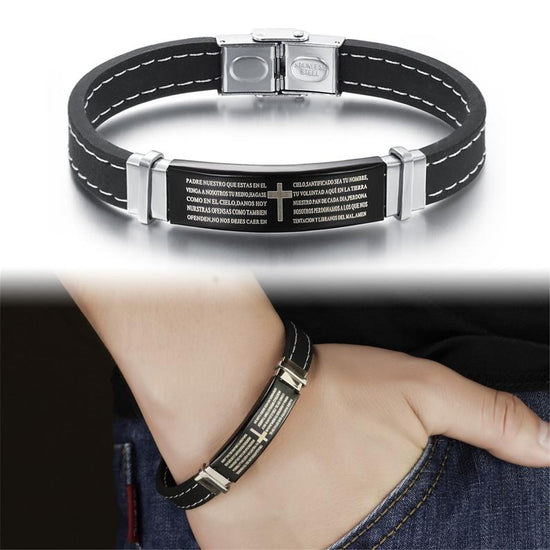 Bible Letter Cross Black Silicone Bracelet 21cm Genuine Silicone Cuff Bangle Stainless Steel Screw Clasp Bracelet - onlyone