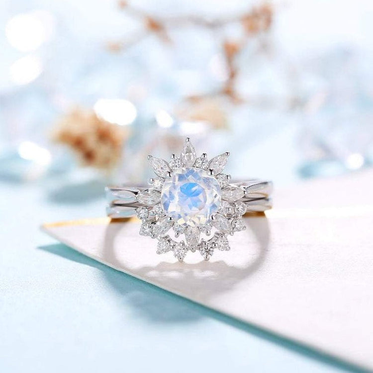 Moonstone Engagement Ring Women Floral bridal set Moissanite wedding set Vintage Anniversary gift for her - onlyone