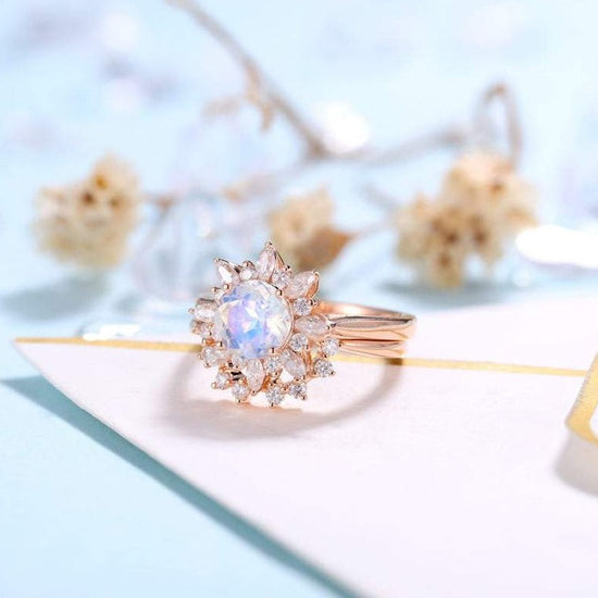 Moonstone Engagement Ring Women Floral bridal set Moissanite wedding set Vintage Anniversary gift for her - onlyone