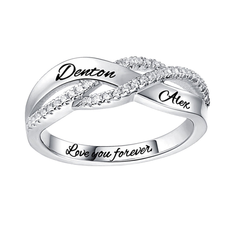 Bague Gravée Deux Prénoms Personnalisés En Argent 925 Avec Zircon Pavé