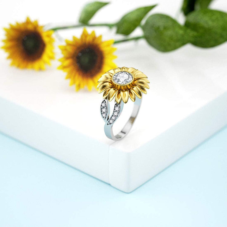 925 Sterling Silver Golden Sunflower Ring with Zircon