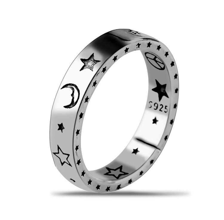 925 Sterling Silver Smile Face Moon Star Love and Peace Open Ring