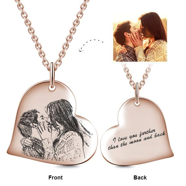 925 Sterling Silver Kiss Love Heart Engraved Photo Necklace Inspirational Gift - onlyone