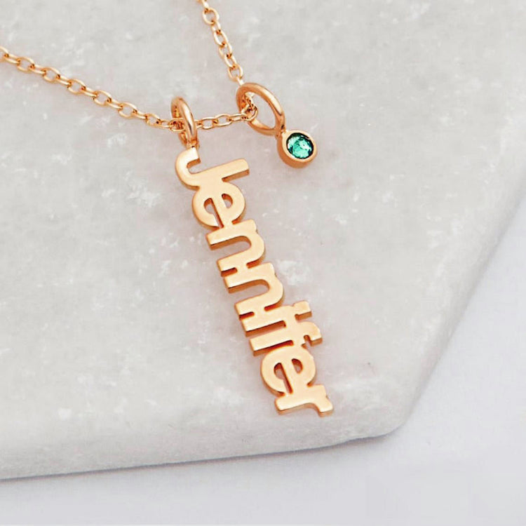 925 Sterling Silver Personalized Vertical Name Necklace with Birthstone