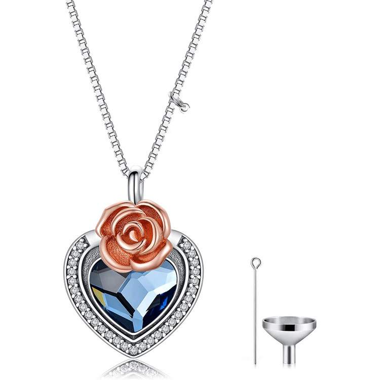 925 Sterling Silver Heart Flower Urn Necklace for Ashes, Cremation Keepsake Necklace with Crystal