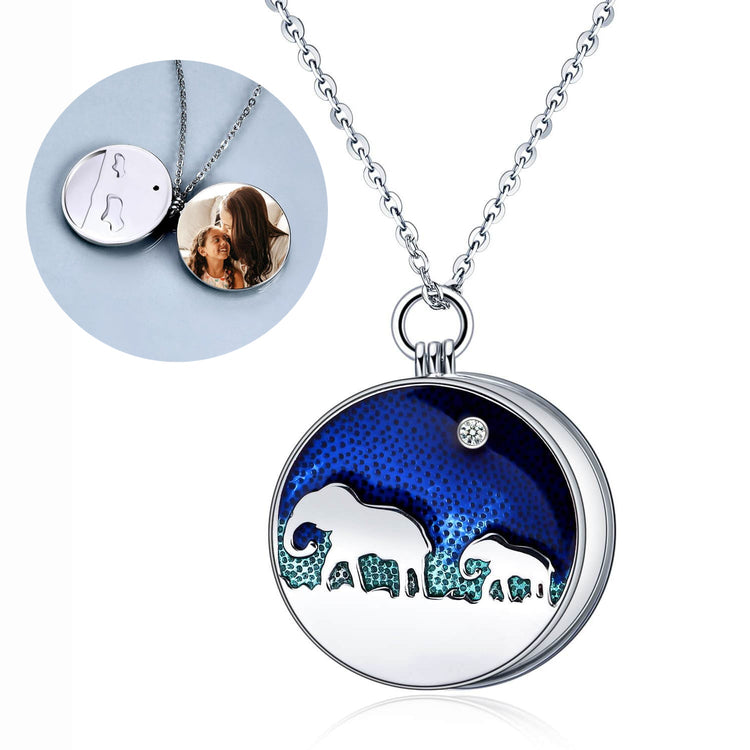 925 Sterling Silver Elephant Round Photo Locket Necklace