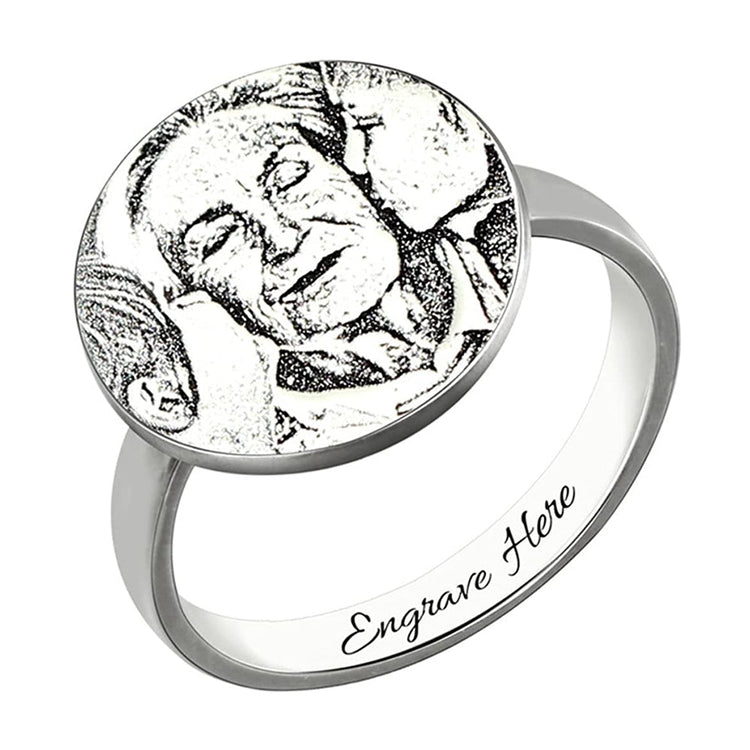 925 Sterling Silver Engraved Round Photo Ring