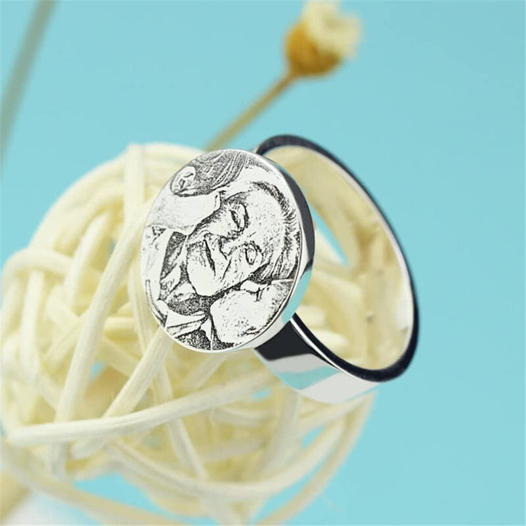 925 Sterling Silver Engraved Round Photo Ring