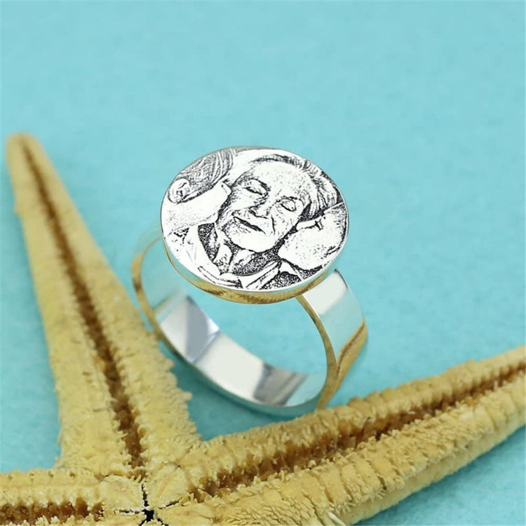 925 Sterling Silver Engraved Round Photo Ring