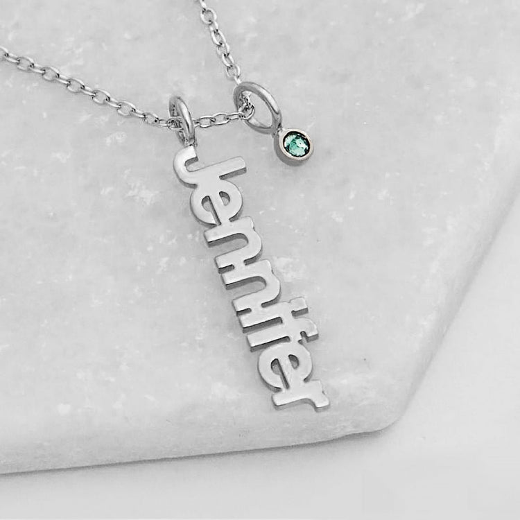 925 Sterling Silver Personalized Vertical Name Necklace with Birthstone