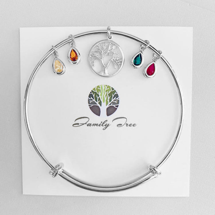 925 Sterling Silver Family Tree Bangle With Birthstone