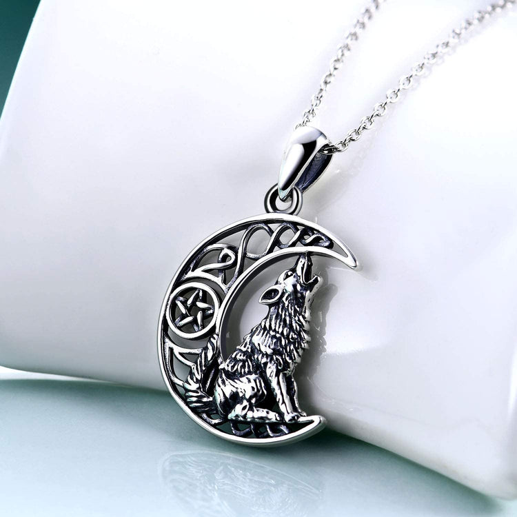 925 Sterling Silver Celtic Knot Crescent Moon Wolf Pendant Necklace