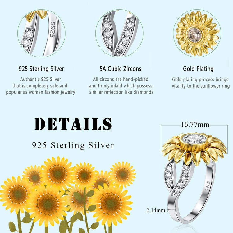 925 Sterling Silver Golden Sunflower Ring with Zircon