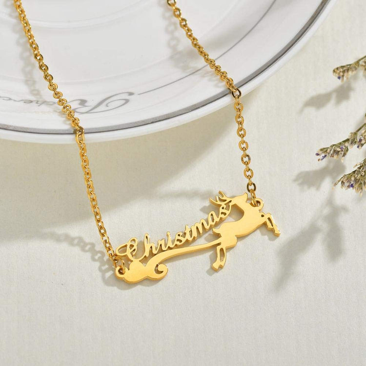 925 Sterling Silver Personalized Merry Christmas Deer Name Necklace